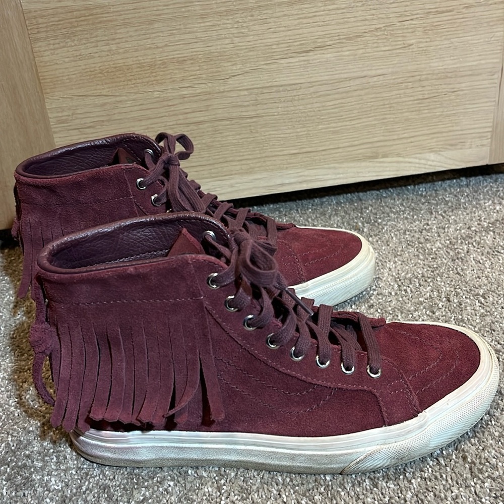 Vans Sk8 Hi Burgundy Suede Fringe Moccasin Sneakers
